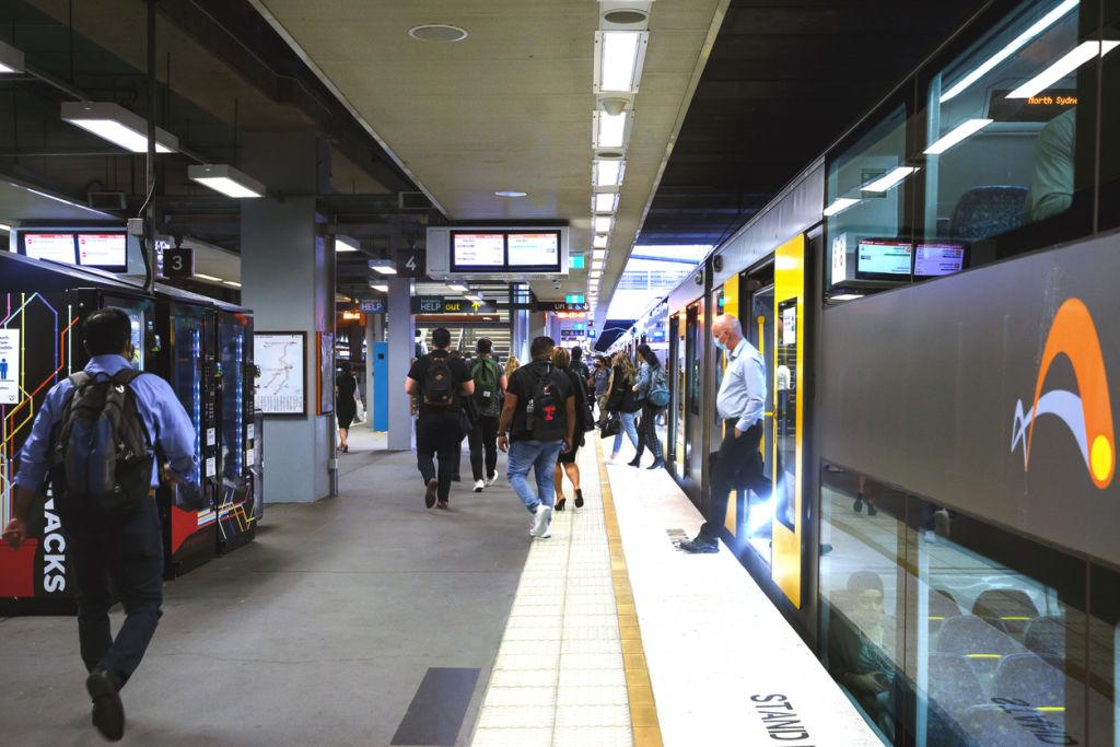 People getting out from the train at North Sydney train station. Sydney, Australia,. 15 October. 2020